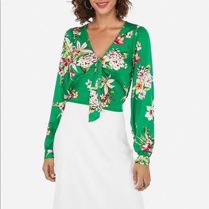 Express Satin Floral Tie Front Top